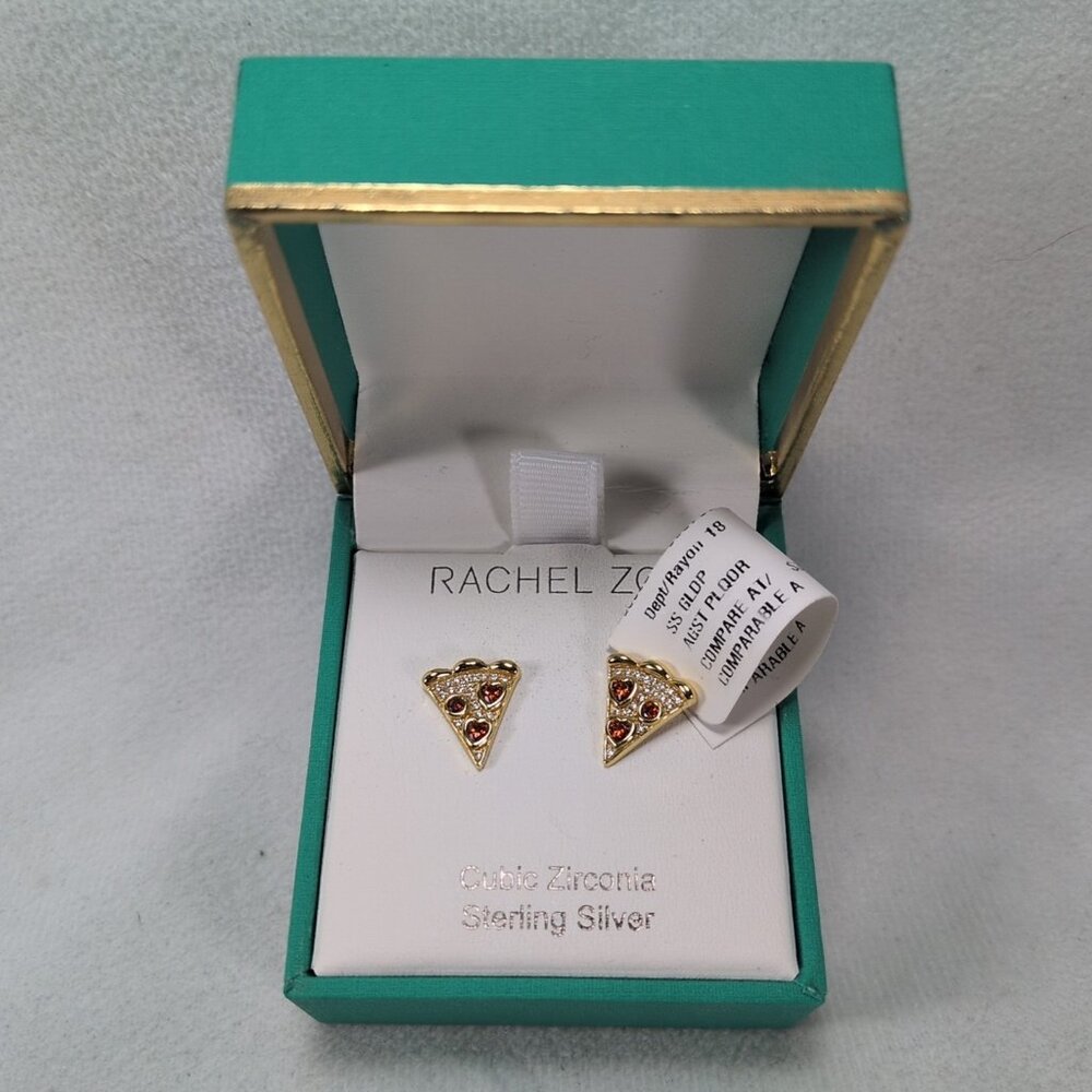 NEW Rachel Zoe Pizza Slice Stud Earrings Cubic Zirconia Sterling Silver Red Gold